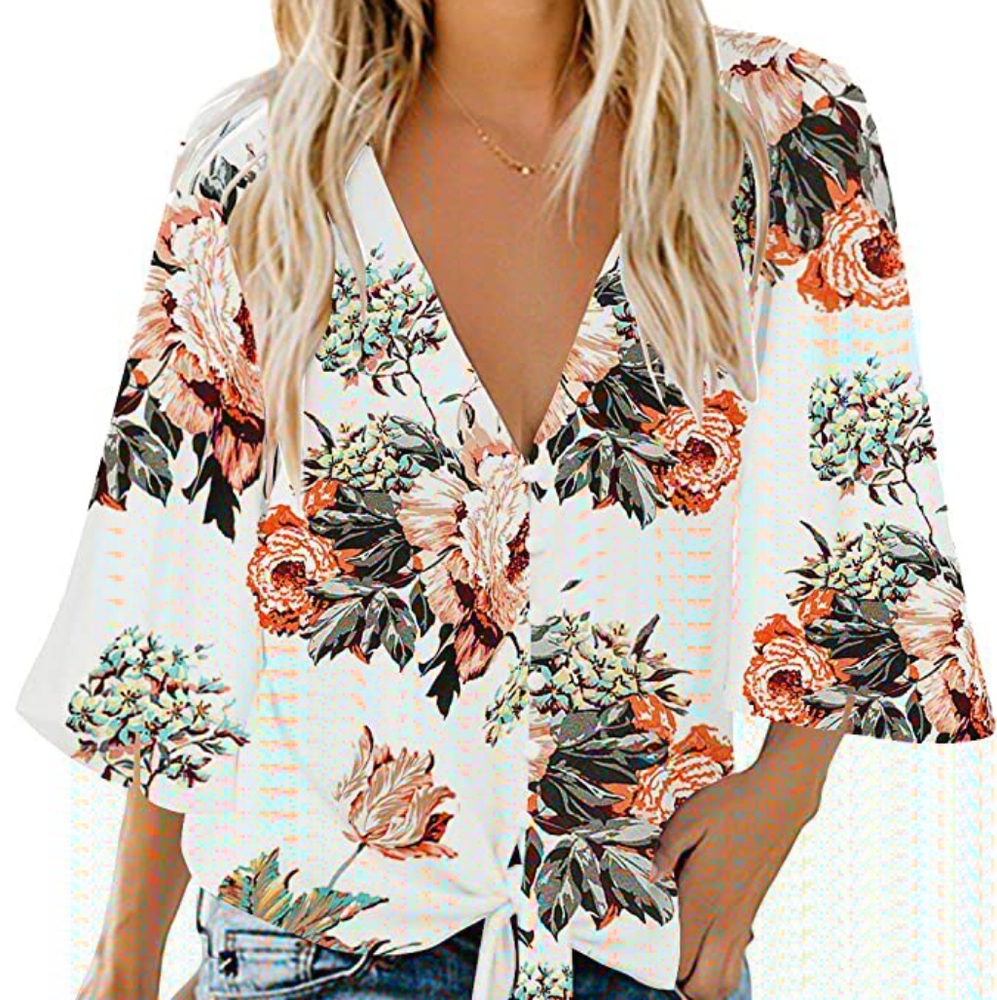 Women's V Neck Tops Ruffle 3/4 Sleeve Tie Knot Blo